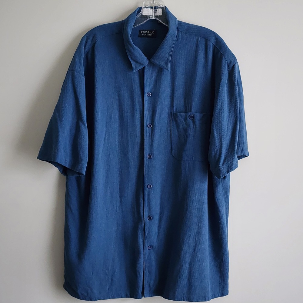 100% Silk Shirt Profilo Classics Button Down Mens XL Blue Short Sleeve Textured